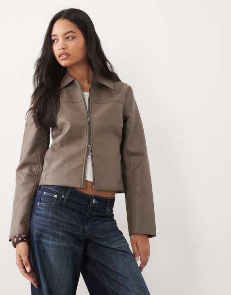 Abercrombie & Fitch fitted 90s faux leather jacket in brown - view 1