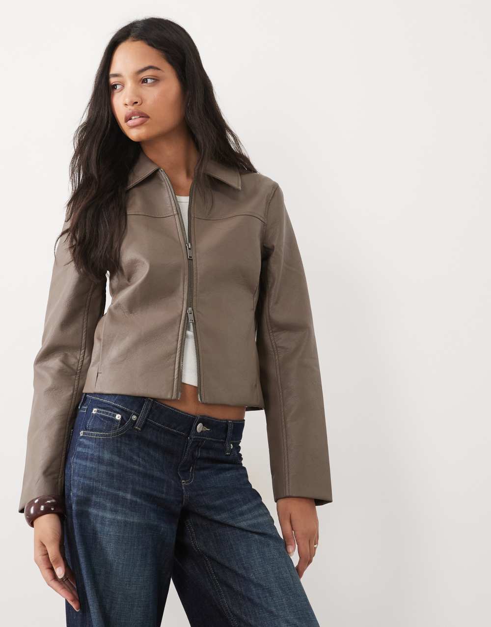 Abercrombie & Fitch fitted 90s faux leather jacket in brown