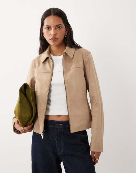 Abercrombie & Fitch fitted 90s faux-leather jacket in cream - view 1
