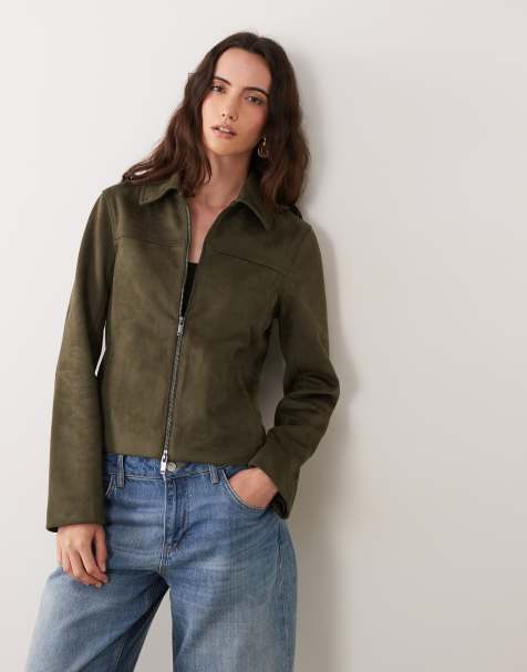 Abercrombie & Fitch fitted 90s faux suede jacket in khaki green - view 1