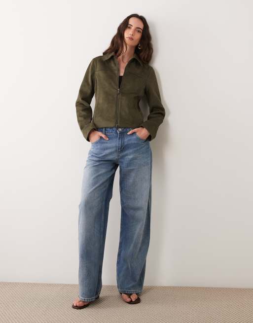 Abercrombie & Fitch fitted 90s faux suede jacket in khaki, 2 of 4