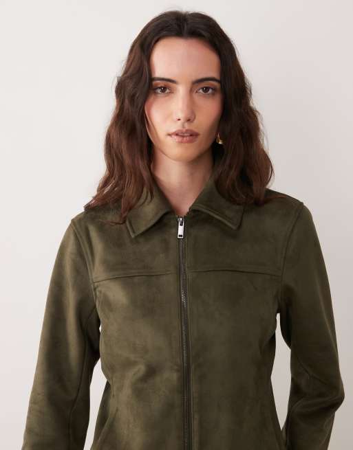 Abercrombie & Fitch fitted 90s faux suede jacket in khaki, 4 of 4