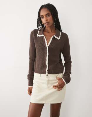 Abercrombie & Fitch fitted knit cardigan with crochet collar in brown