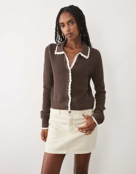 Abercrombie & Fitch fitted knit cardigan with crochet collar in brown - view 1