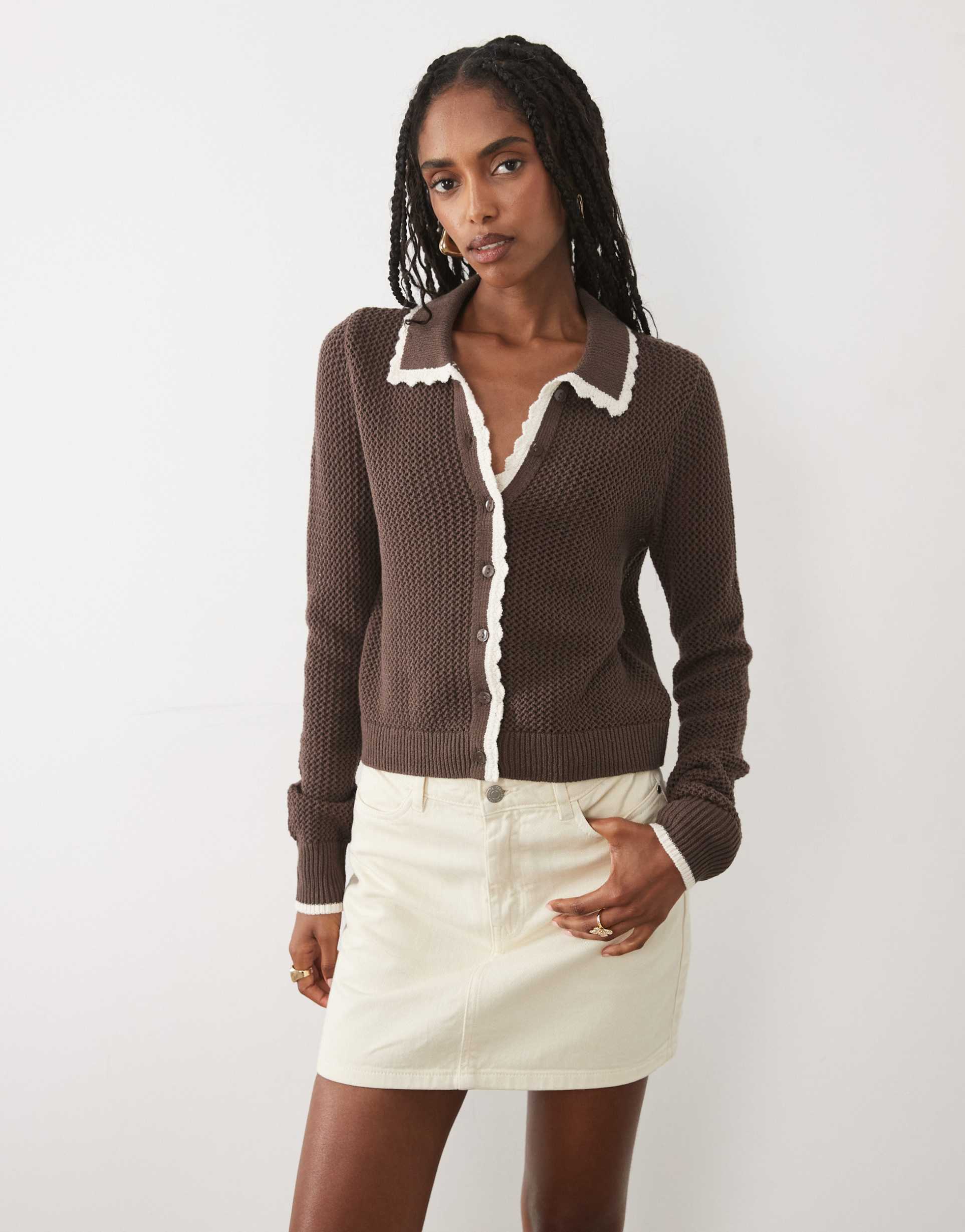 abercrombie & fitch fitted knit cardigan with crochet collar in brown