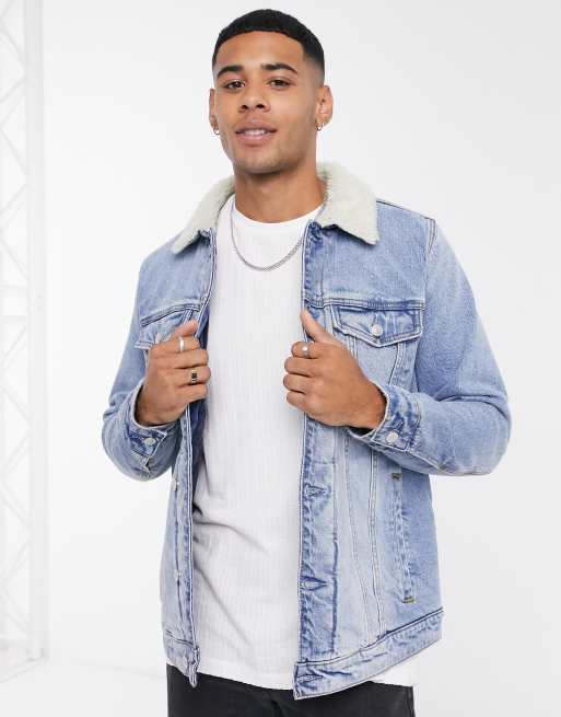 Abercrombie Fitch flannel lined denim jacket with sherpa collar in blue