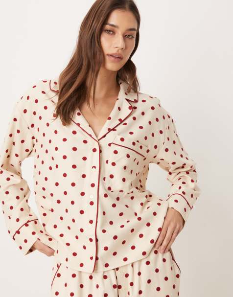 Abercrombie & Fitch flannel long sleeve pajama shirt in red polka dot - part of a set - view 1