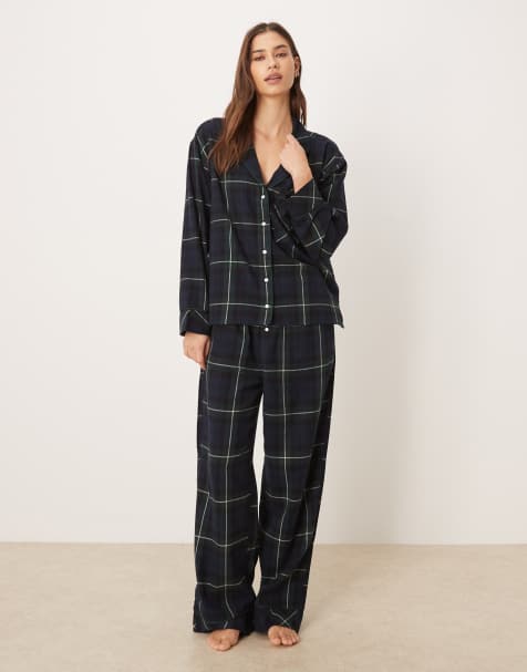 Abercrombie & Fitch flannel long sleeve pyjama co-ord in black plaid - view 1