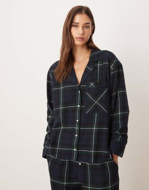 Abercrombie & Fitch flannel long sleeve pyjama shirt co-ord in black plaid - view 1