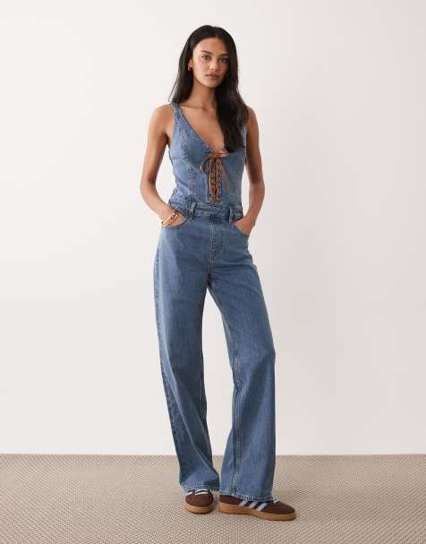 Abercrombie & Fitch flared denim jumpsuit with lace up front in light blue - view 1
