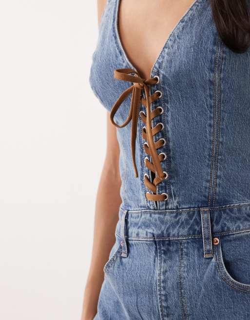 Abercrombie & Fitch flared denim jumpsuit with lace up front in light blue , 2 of 4