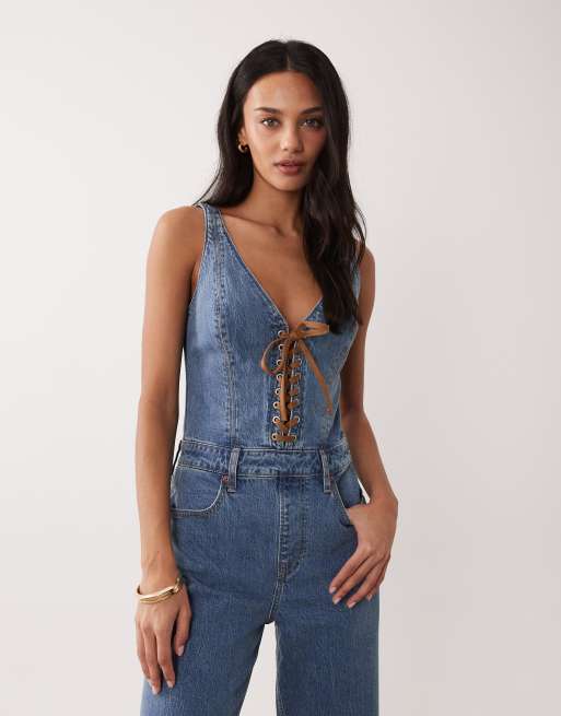 Abercrombie & Fitch flared denim jumpsuit with lace up front in light blue , 3 of 4