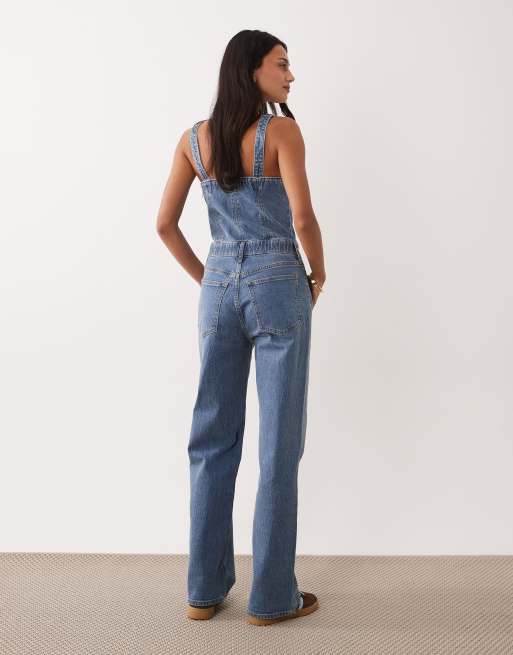 Abercrombie & Fitch flared denim jumpsuit with lace up front in light blue , 4 of 4