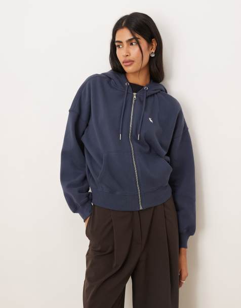 Abercrombie & Fitch – Fleece-Kapuzenjacke in Marineblau mit Markenlogo - view 1
