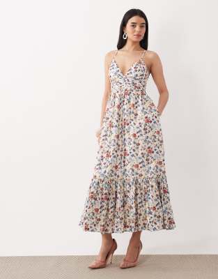 Abercrombie & Fitch - Fließendes Maxikleid mit Blumenmuster, V-Ausschnitt und integriertem BH-Weiß