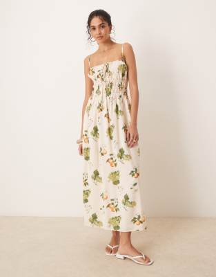 Abercrombie & Fitch - Fließendes Maxikleid mit weichem Ausschnitt, Spaghettiträgern und Früchteprint-Bunt