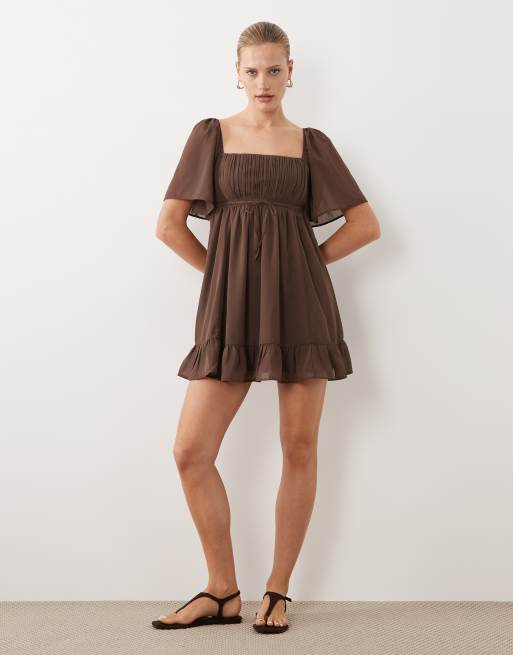 Abercrombie & Fitch floaty babydoll mini dress in brown | ASOS