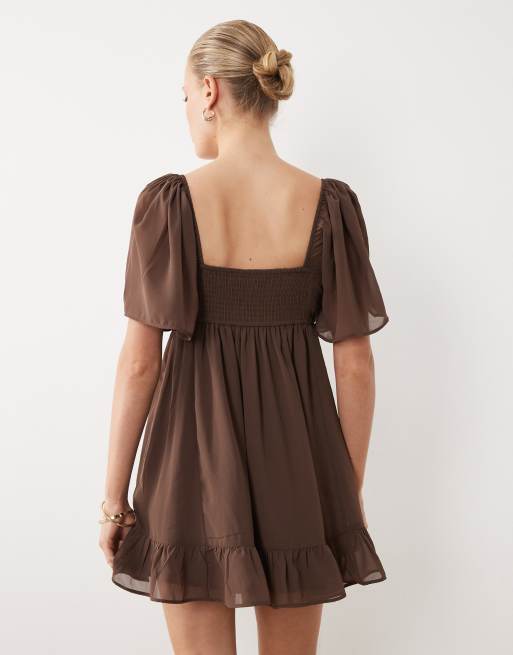 Abercrombie & Fitch floaty mini babydoll dress in brown, 4 of 4