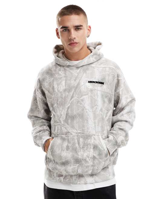 Abercrombie Fitch flocked back logo leaf camo print oversized hoodie in light grey ASOS