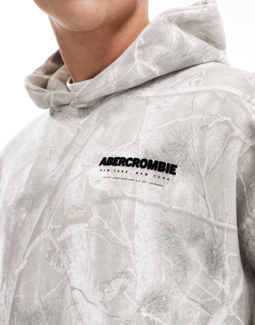 Abercrombie & Fitch flocked back logo leaf camo print oversized hoodie in light grey, 3 of 4