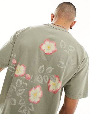 Abercrombie & Fitch floral back print oversized t-shirt in olive green - ASOS Price Checker