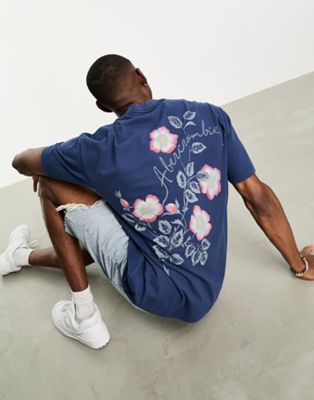 Abercrombie & Fitch floral back print oversized t-shirt with embroidery logo in blue - ASOS Price Checker