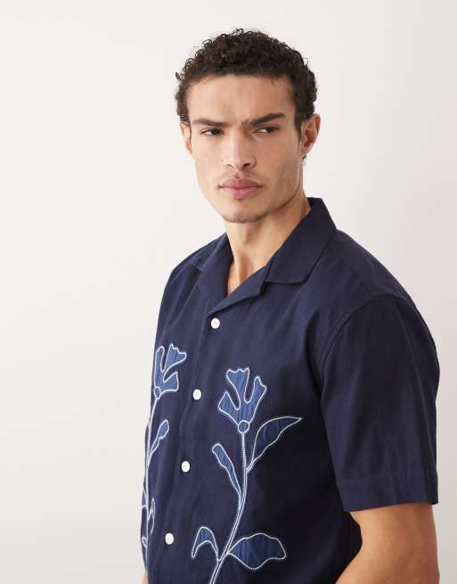 Abercrombie & Fitch floral pattern short sleeve shirt in navy, 3 of 5