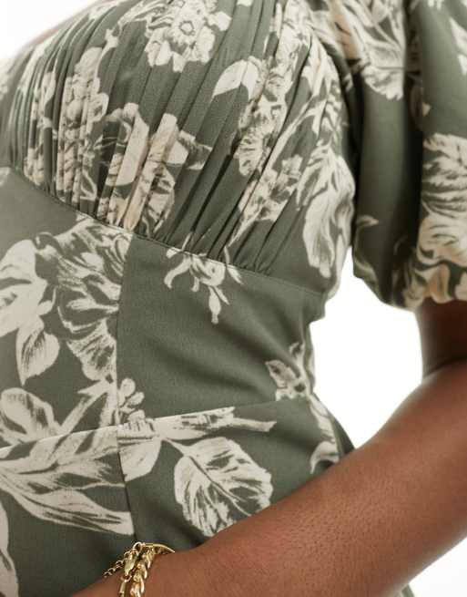 Abercrombie & Fitch floral puff sleeve ruched bodice midi dress in green |  ASOS