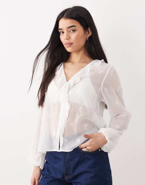 Abercrombie & Fitch flowy long sleeve blouse with front ruffle detail in white - view 1