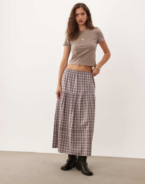 Abercrombie & Fitch flowy maxi skirt in brown check - view 1