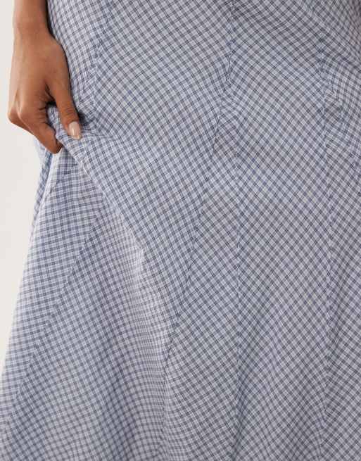 Abercrombie & Fitch flowy midi skirt in micro blue check, 4 of 5
