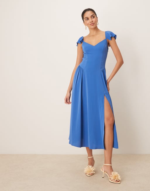 abercrombie blue dress puff sleeve & Fitch flutter dipped waist maxi in tea length sleeve midi dress is Mrat Birthday Dresses for Poplin dress Size:12-13y