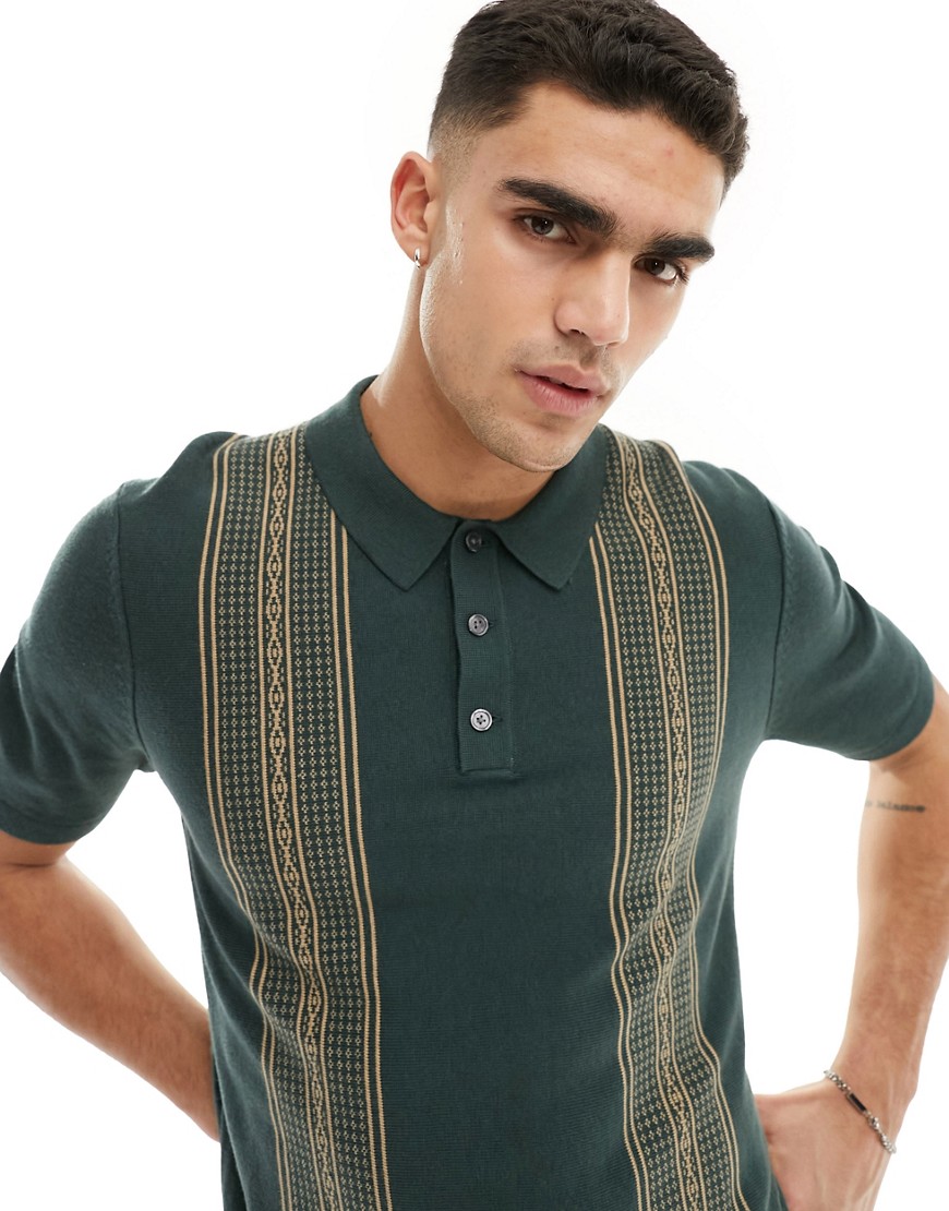 Abercrombie & Fitch front blocked stripe knit polo in dark green