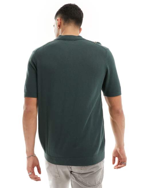 Abercrombie & Fitch front blocked stripe knit polo in dark green