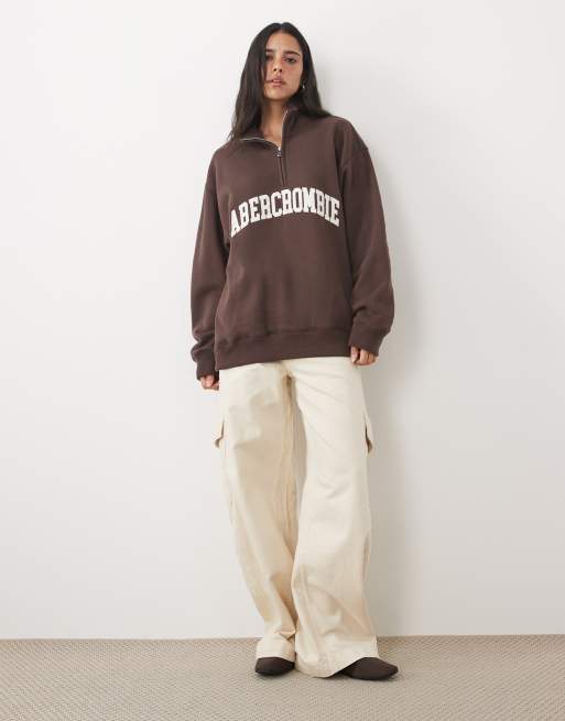 Abercrombie & Fitch front logo 1/4 zip sweatshirt in brown, 3 of 4
