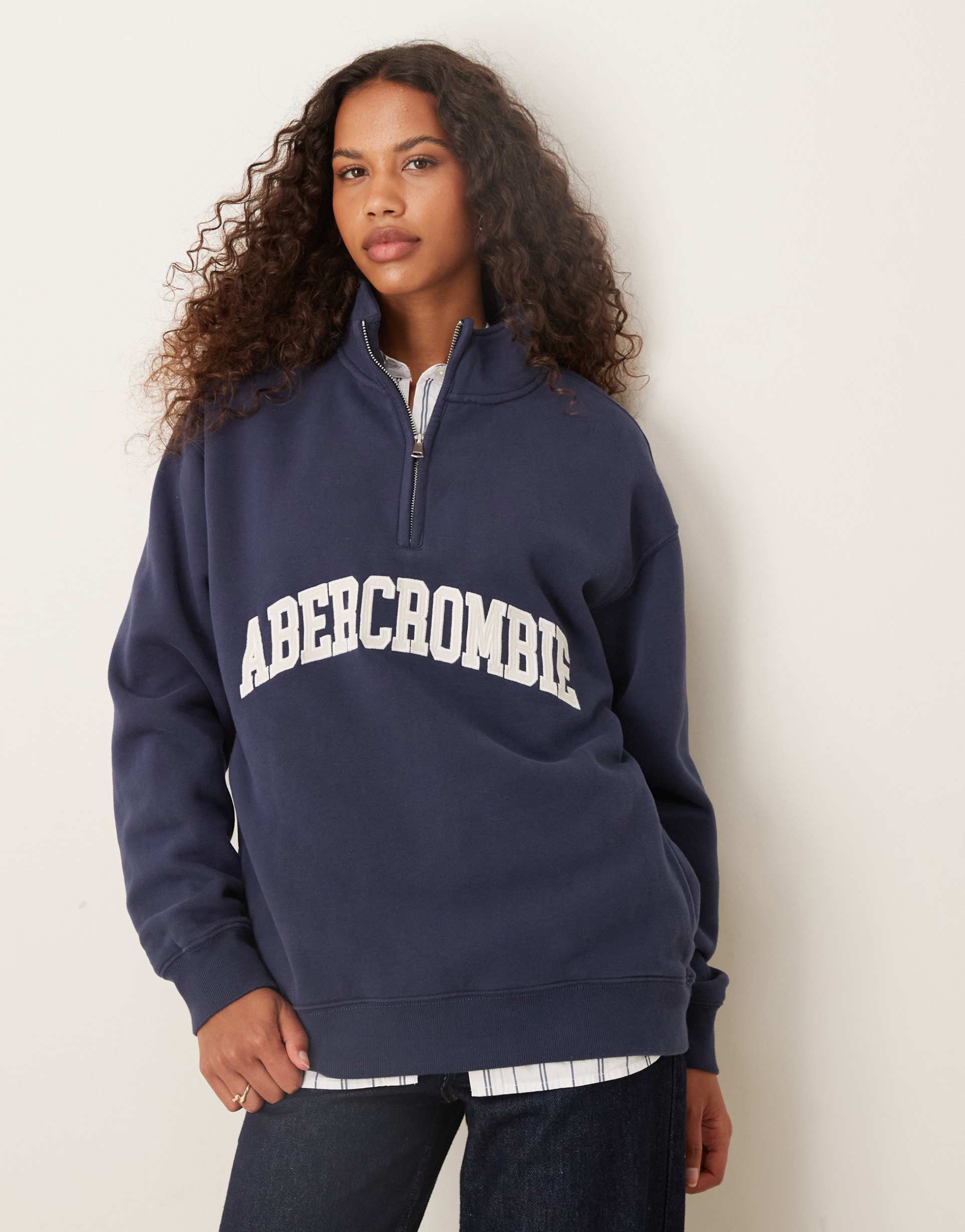 abercrombie & fitch front logo fleece quarter zip sweatshirt in navy