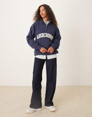 Abercrombie & Fitch Front Logo Fleece Quarter Zip Sweatshirt In Blue