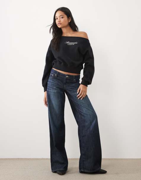 Abercrombie & Fitch front logo off shoulder sweatshirt in black - view 1