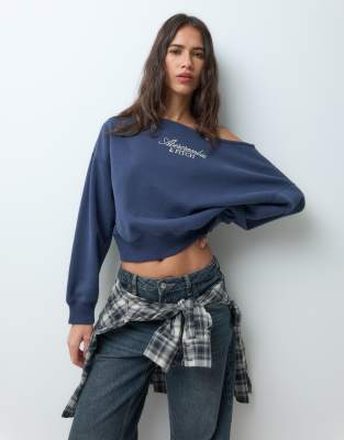 Abercrombie & Fitch Front Logo Off Shoulder Sweatshirt In Blue