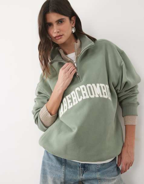 Abercrombie & Fitch front logo quarter zip sweatshirt in khaki - view 1