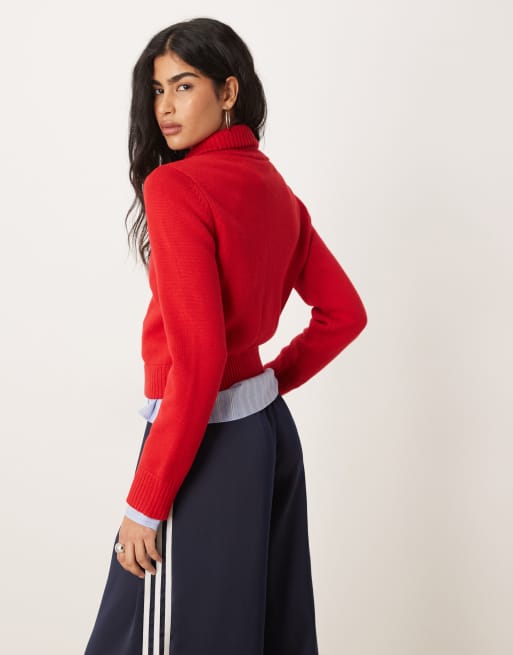 Abercrombie & Fitch full zip collared cardigan in red, 4 of 4