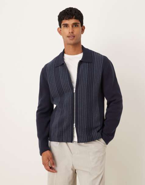 Abercrombie & Fitch full zip shacket in navy stripes - view 1