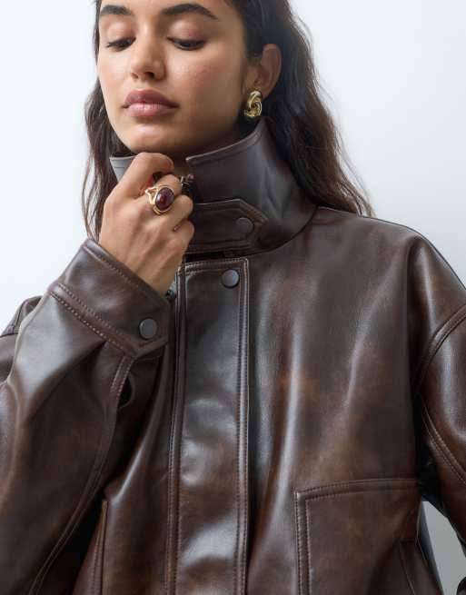 Abercrombie & Fitch funnel neck bomber jacket in washed brown, 5 of 5