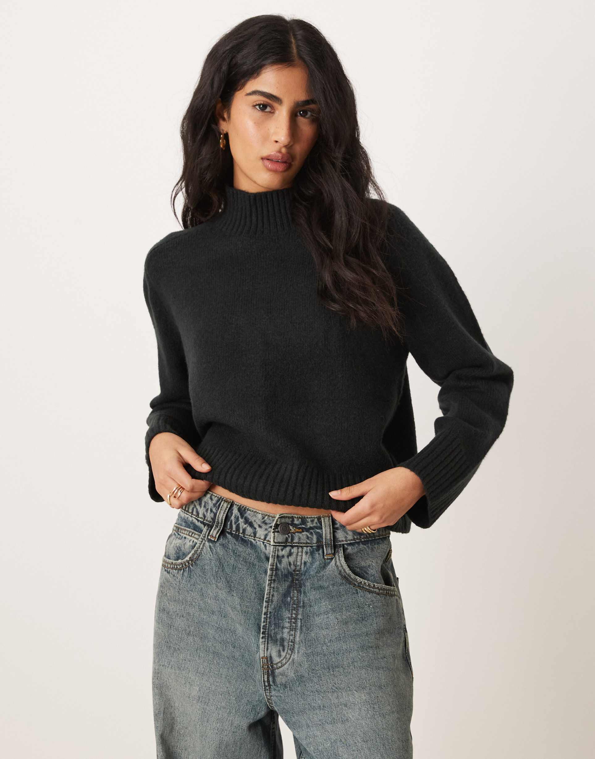 abercrombie & fitch funnel neck sweater in black