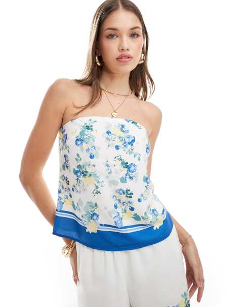 Abercrombie & Fitch – Geblümtes Satin-Schaloberteil in Weiß mit Borte, Kombiteil - view 1