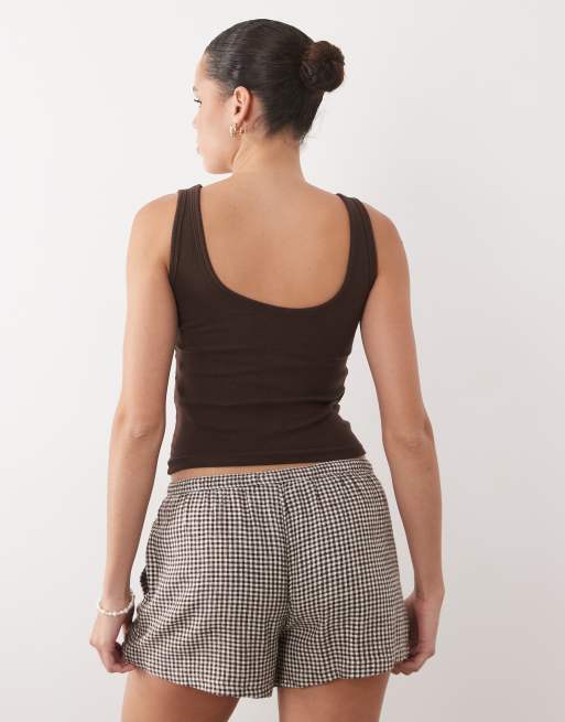 Abercrombie & Fitch - Geborduurde boho short met elastische taille in bruine gingham ruit, 4 van 5
