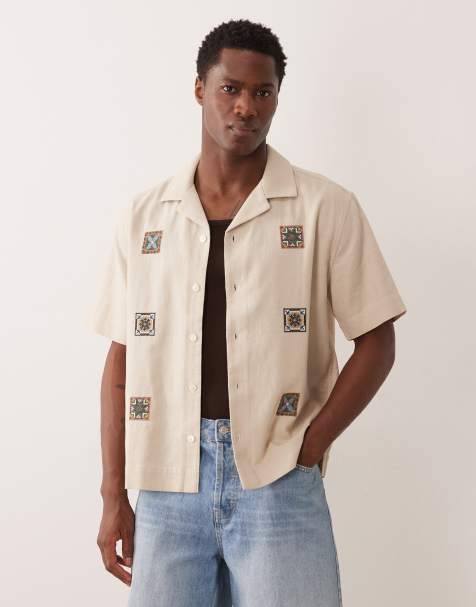 Abercrombie & Fitch - Gebreid overhemd met korte mouwen en tegeldetail in crème - view 1