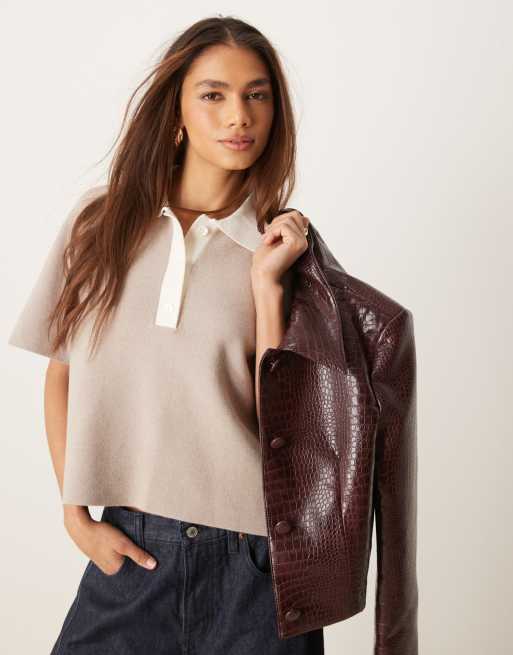Abercrombie & Fitch - Gebreid polo T-shirt met korte mouwen in crème