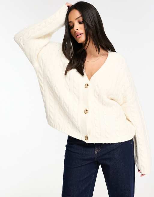 Abercrombie & Fitch - Gebreid vest met kabels en knoopsluiting in crème