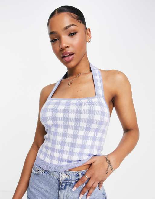 Abercrombie & Fitch - Gebreide haltertanktop met lila gingham ruit